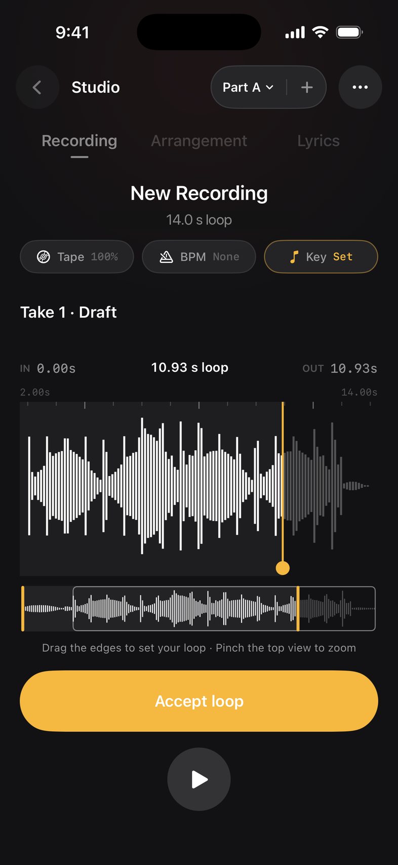 Take 1 · Draft with loop handles and the Accept loop button